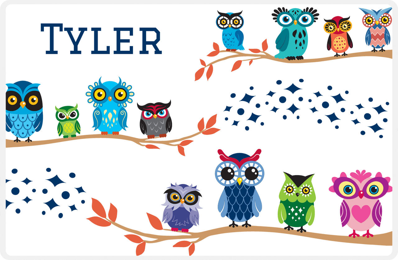 Personalized Owl Placemat - All Owls I - Owl 06 - White Background with Blue Owl -  View