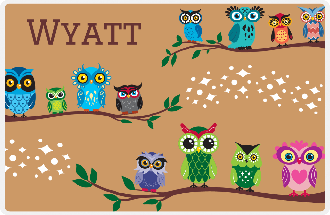 Personalized Owl Placemat - All Owls I - Owl 06 - Brown Background with Green Owl -  View