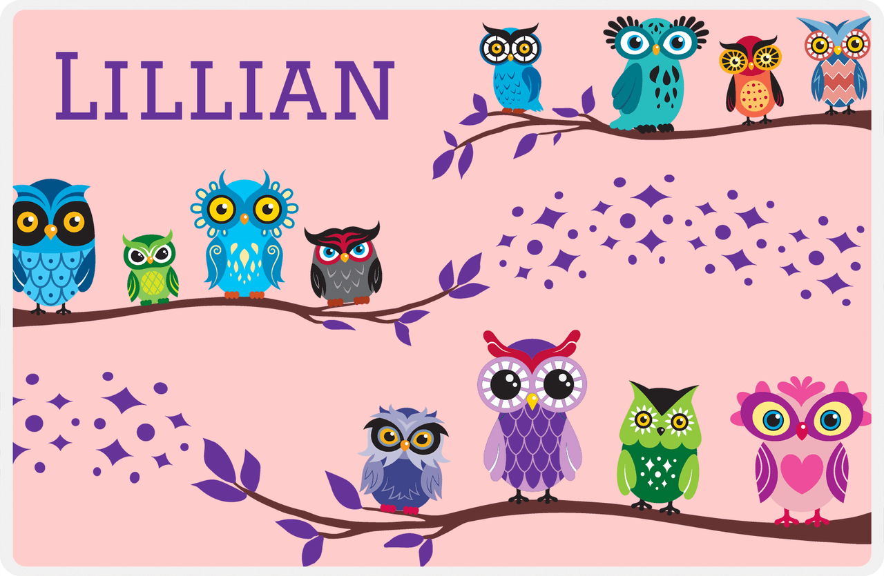 Personalized Owl Placemat - All Owls I - Owl 06 - Pink Background with Purple Owl -  View