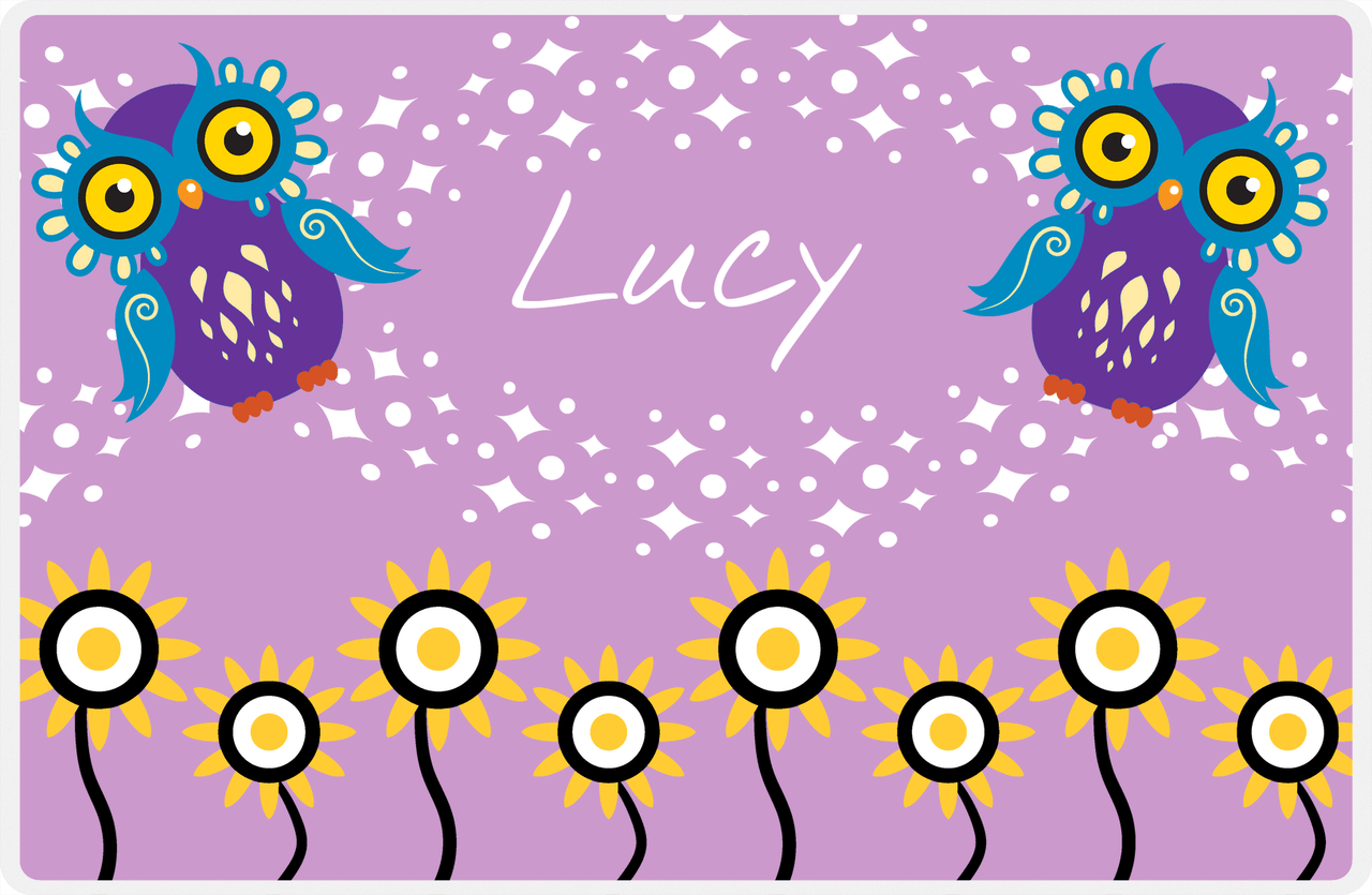 Personalized Owl Placemat - Sunflowers II - Owl 01 - Pink Background with Purple Owl -  View