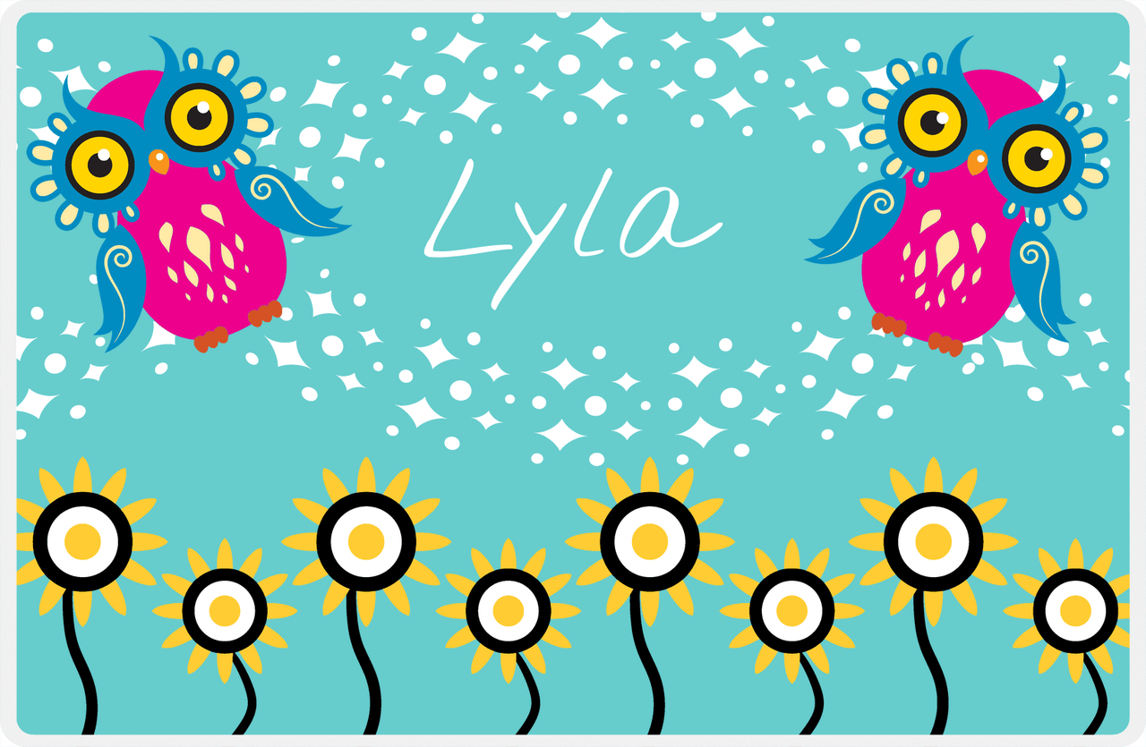 Personalized Owl Placemat - Sunflowers II - Owl 01 - Teal Background with Pink Owl -  View