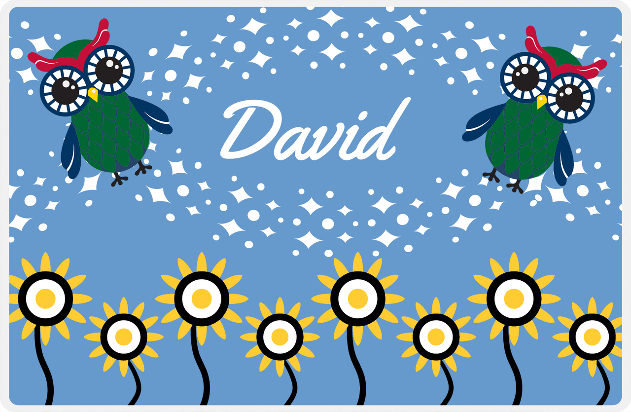 Personalized Owl Placemat - Sunflowers II - Owl 06 - Blue Background with Green Owl -  View