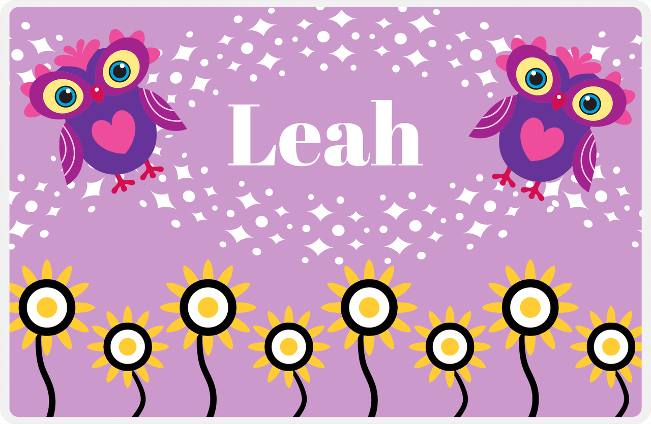 Personalized Owl Placemat - Sunflowers II - Owl 07 - Pink Background with Purple Owl -  View