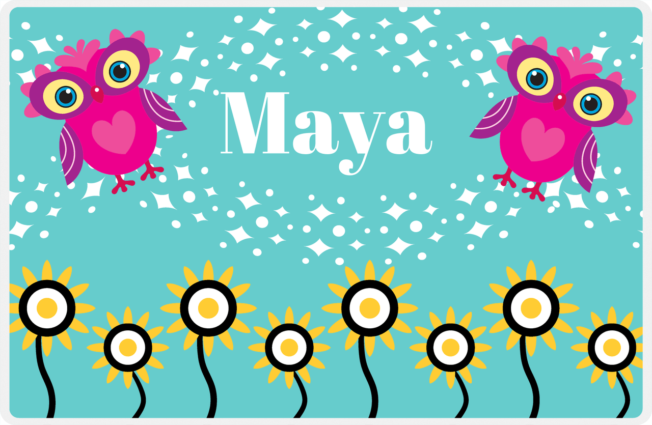 Personalized Owl Placemat - Sunflowers II - Owl 07 - Teal Background with Pink Owl -  View