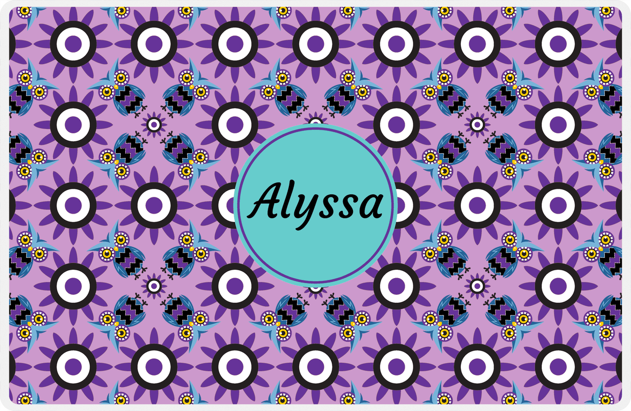 Personalized Owl Placemat - Sunflowers - Owl 09 - Lilac Background with Purple Owl -  View