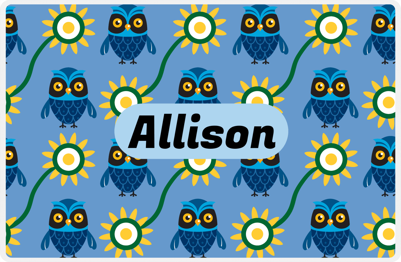 Personalized Owl Placemat - Sunflowers III - Owl 04 - Glacier Background with Blue Nameplate -  View