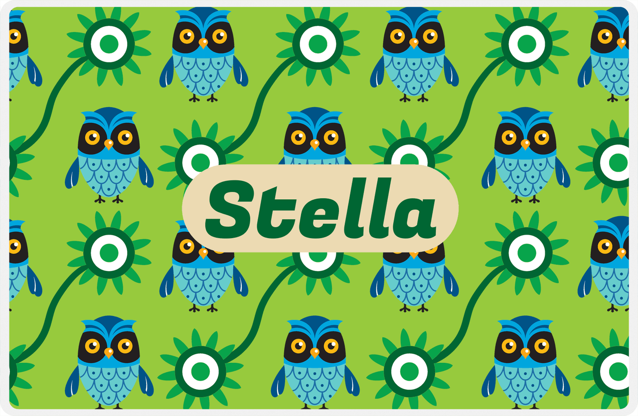 Personalized Owl Placemat - Sunflowers III - Owl 04 - Green Background with Tan Nameplate -  View