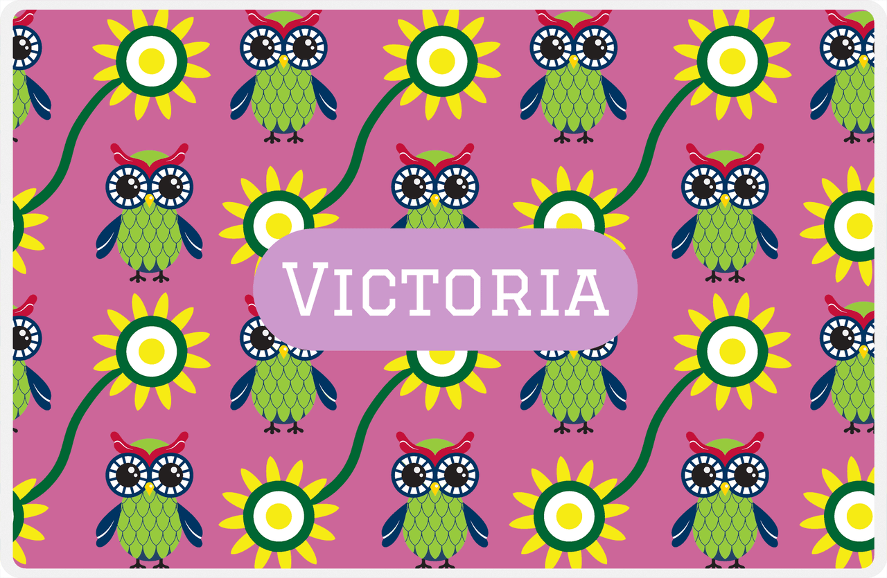 Personalized Owl Placemat - Sunflowers III - Owl 06 - Pink Background with Light Pink Nameplate -  View