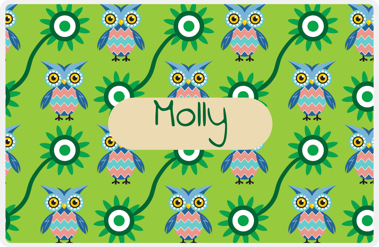 Personalized Owl Placemat - Sunflowers III - Owl 09 - Green Background with Tan Nameplate -  View