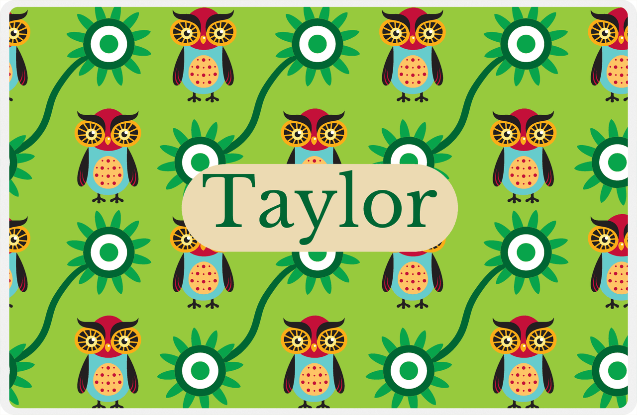 Personalized Owl Placemat - Sunflowers III - Owl 11 - Green Background with Tan Nameplate -  View