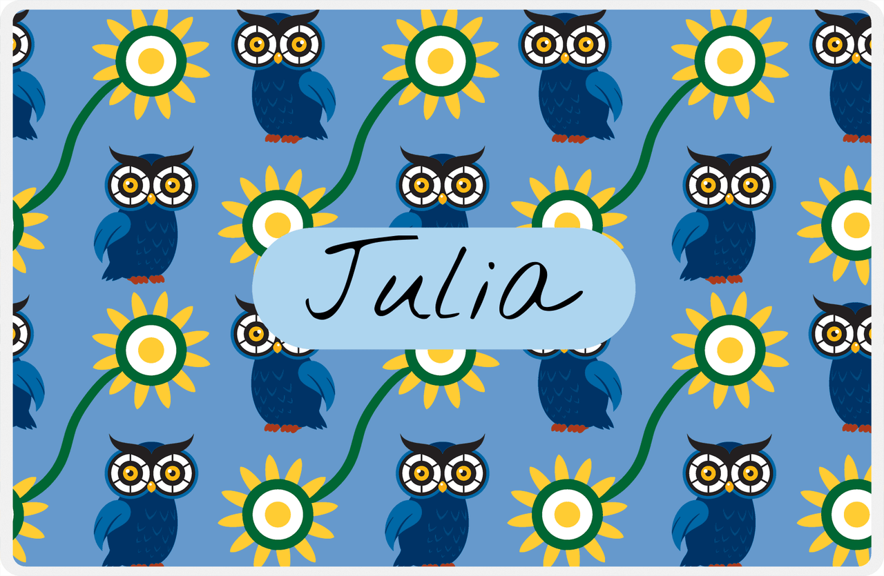 Personalized Owl Placemat - Sunflowers III - Owl 12 - Glacier Background with Blue Nameplate -  View