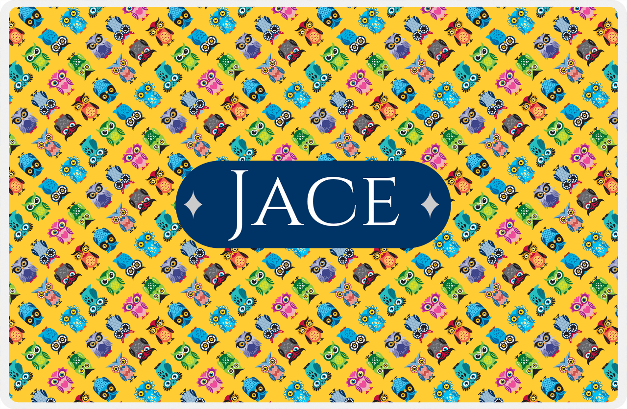 Personalized Owl Placemat - All Owls II - Diamond Nameplate - Mustard and Navy -  View
