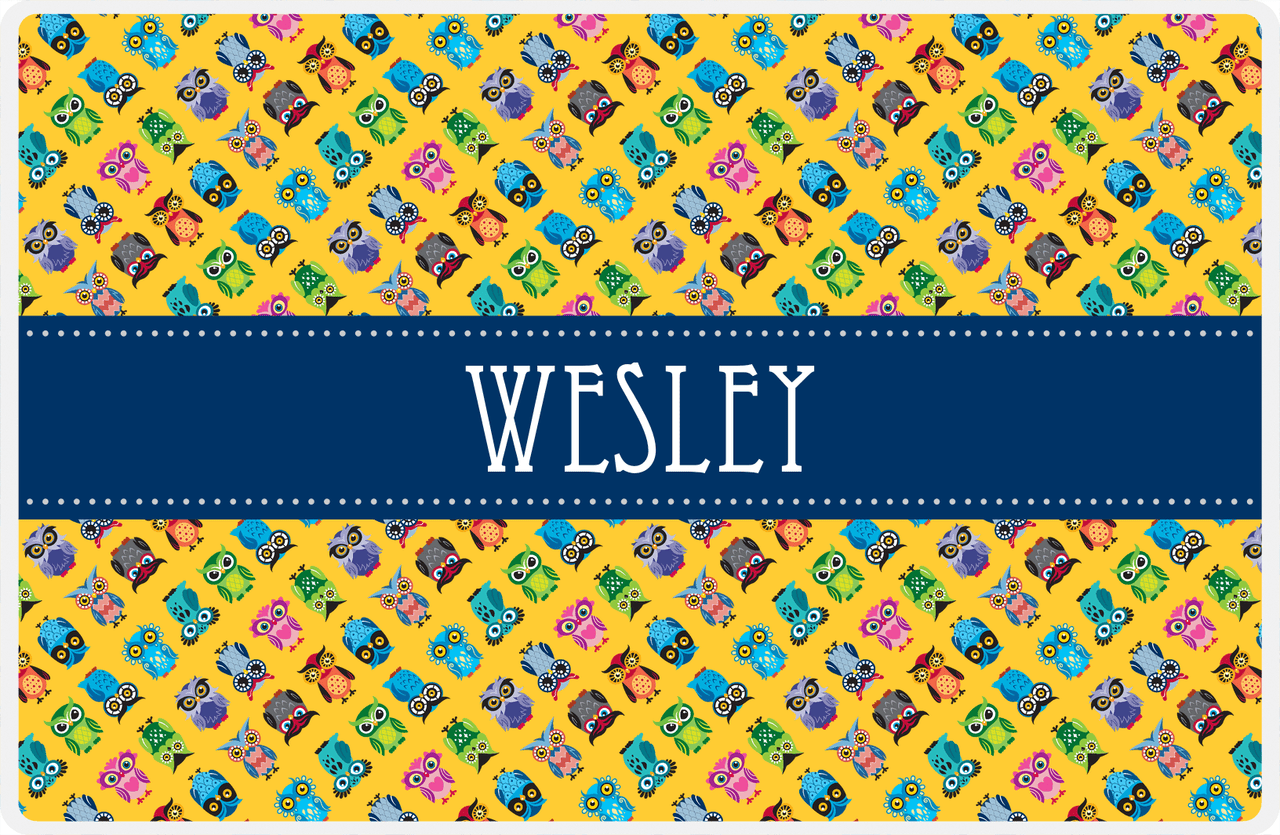 Personalized Owl Placemat - All Owls II - Ribbon Nameplate - Mustard and Navy -  View