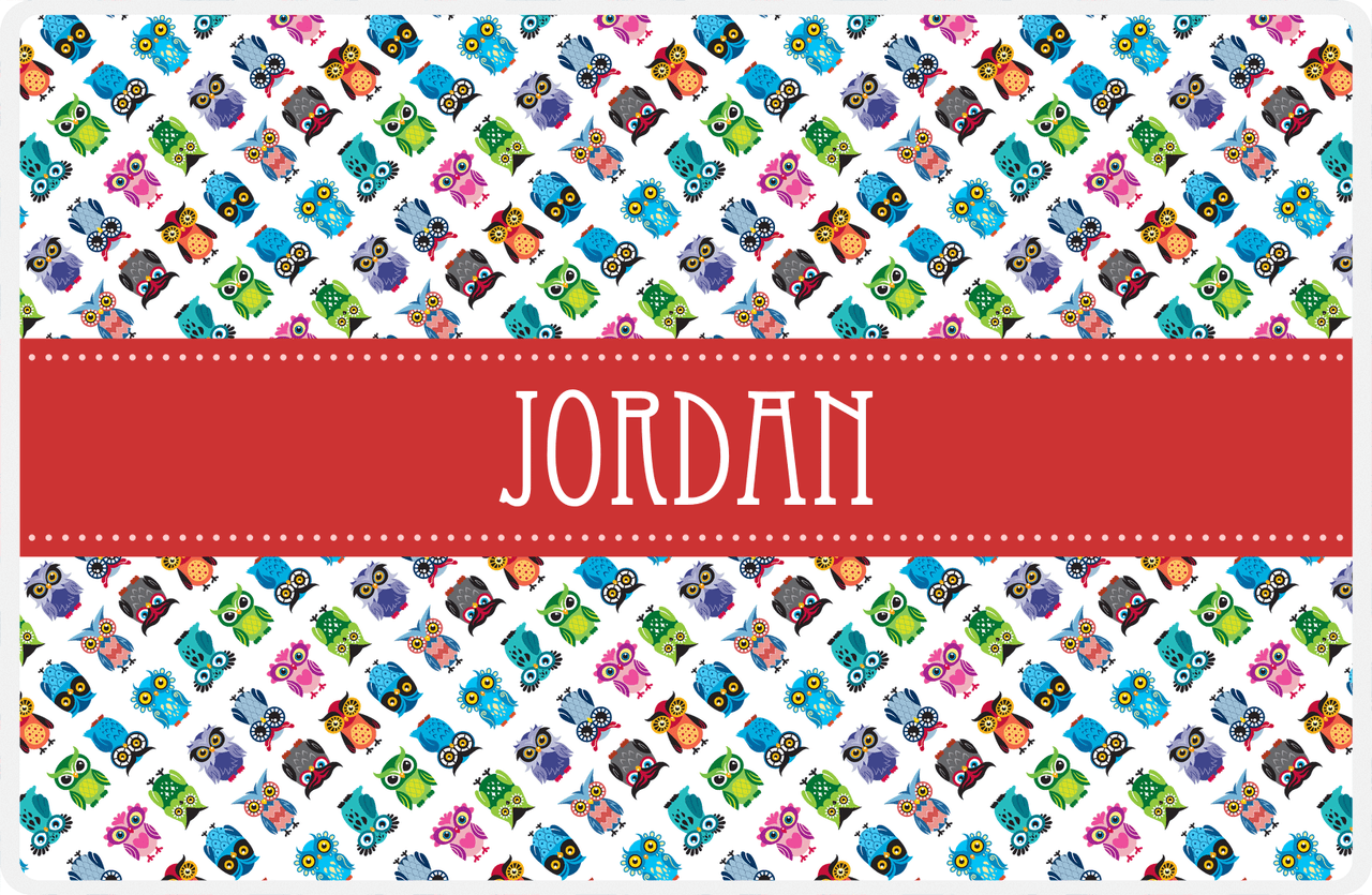 Personalized Owl Placemat - All Owls II - Ribbon Nameplate - White and Red -  View