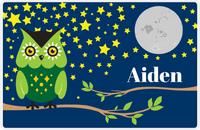 Thumbnail for Personalized Owl Placemat - Stars and Moon - Owl 08 - Navy Background with Green Owl -  View