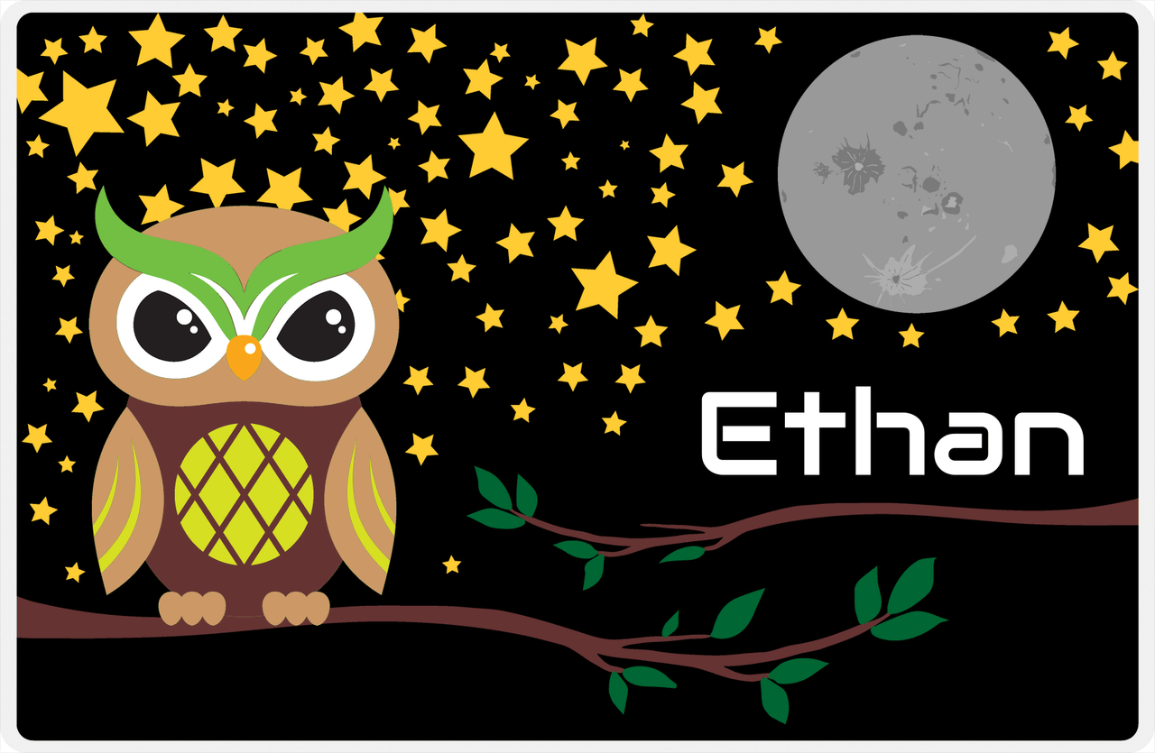 Personalized Owl Placemat - Stars and Moon - Owl 03 - Black Background with Brown Owl -  View