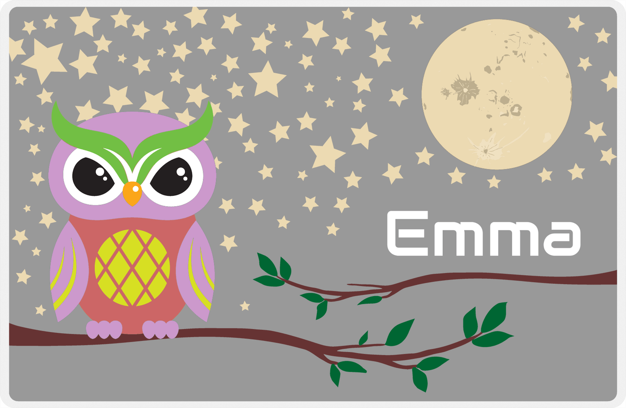 Personalized Owl Placemat - Stars and Moon - Owl 03 - Grey Background with Pink Owl -  View