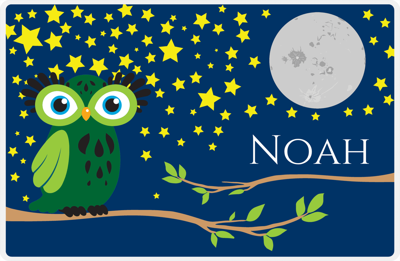 Personalized Owl Placemat - Stars and Moon - Owl 10 - Navy Background with Green Owl -  View