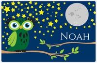 Thumbnail for Personalized Owl Placemat - Stars and Moon - Owl 10 - Navy Background with Green Owl -  View
