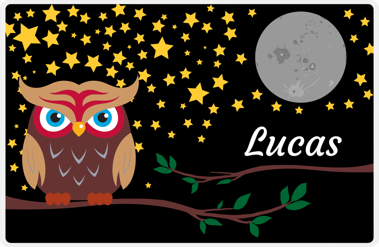 Personalized Owl Placemat - Stars and Moon - Owl 02 - Black Background with Brown Owl -  View