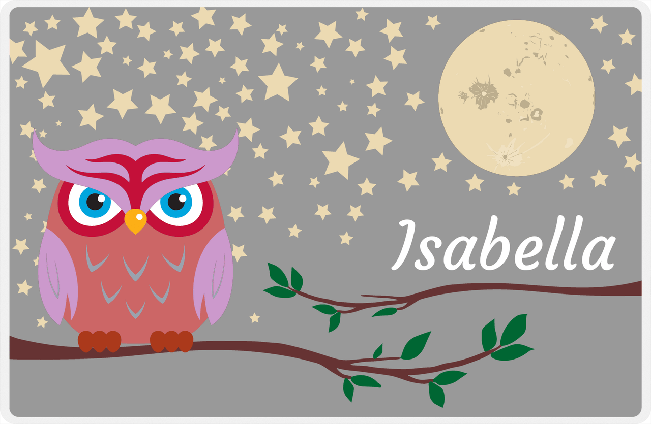 Personalized Owl Placemat - Stars and Moon - Owl 02 - Grey Background with Pink Owl -  View