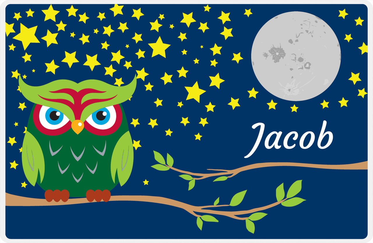 Personalized Owl Placemat - Stars and Moon - Owl 02 - Navy Background with Green Owl -  View