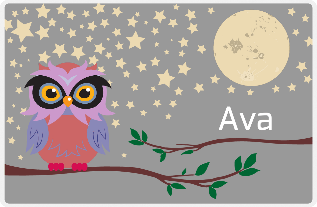 Personalized Owl Placemat - Stars and Moon - Owl 05 - Grey Background with Pink Owl -  View