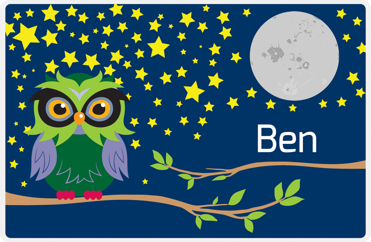 Personalized Owl Placemat - Stars and Moon - Owl 05 - Navy Background with Green Owl -  View