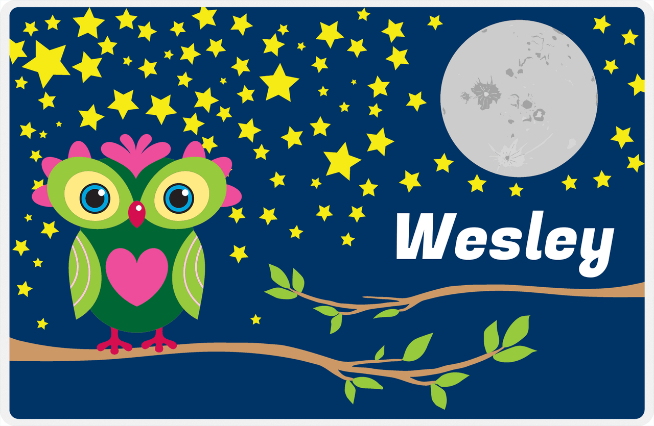 Personalized Owl Placemat - Stars and Moon - Owl 07 - Navy Background with Green Owl -  View