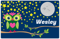 Thumbnail for Personalized Owl Placemat - Stars and Moon - Owl 07 - Navy Background with Green Owl -  View
