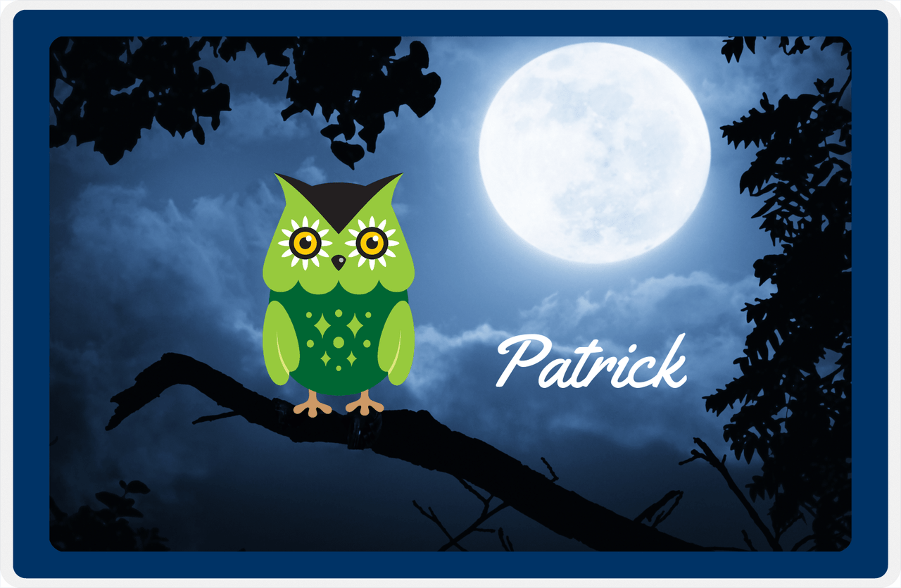Personalized Owl Placemat - Moon - Owl 08 - Navy Border with Green Owl -  View