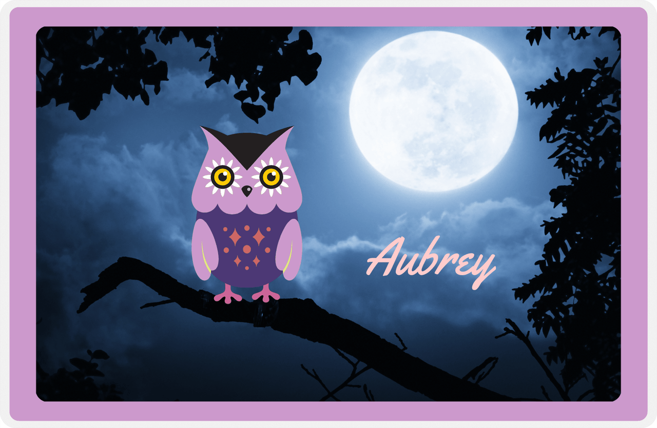 Personalized Owl Placemat - Moon - Owl 08 - Lilac Border with Indigo Owl -  View