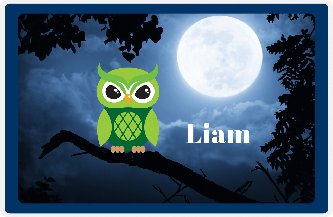 Personalized Owl Placemat - Moon - Owl 03 - Navy Border with Green Owl -  View