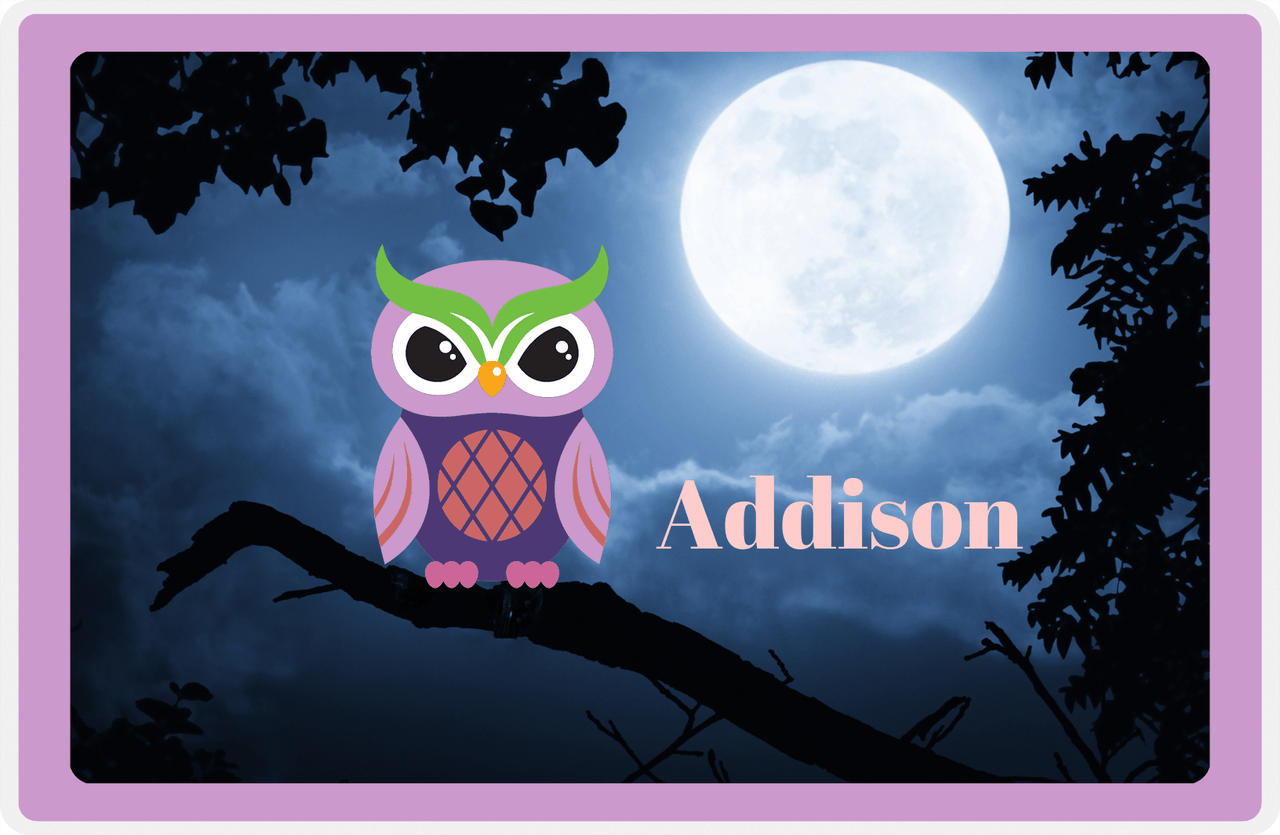 Personalized Owl Placemat - Moon - Owl 03 - Lilac Border with Indigo Owl -  View