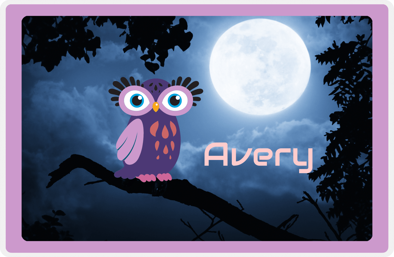 Personalized Owl Placemat - Moon - Owl 10 - Lilac Border with Indigo Owl -  View
