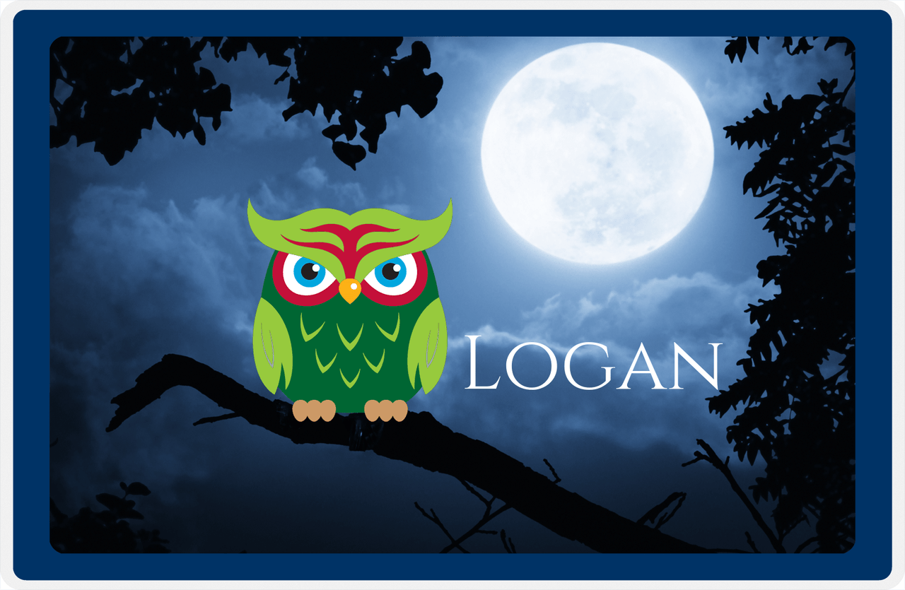 Personalized Owl Placemat - Moon - Owl 02 - Navy Border with Green Owl -  View