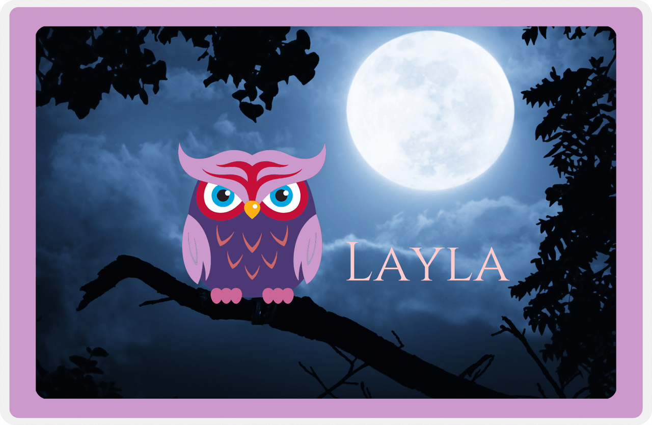 Personalized Owl Placemat - Moon - Owl 02 - Lilac Border with Indigo Owl -  View