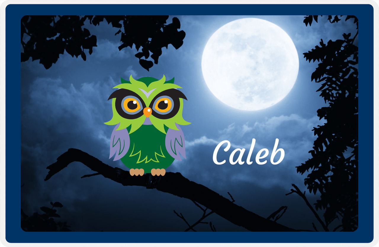 Personalized Owl Placemat - Moon - Owl 05 - Navy Border with Green Owl -  View