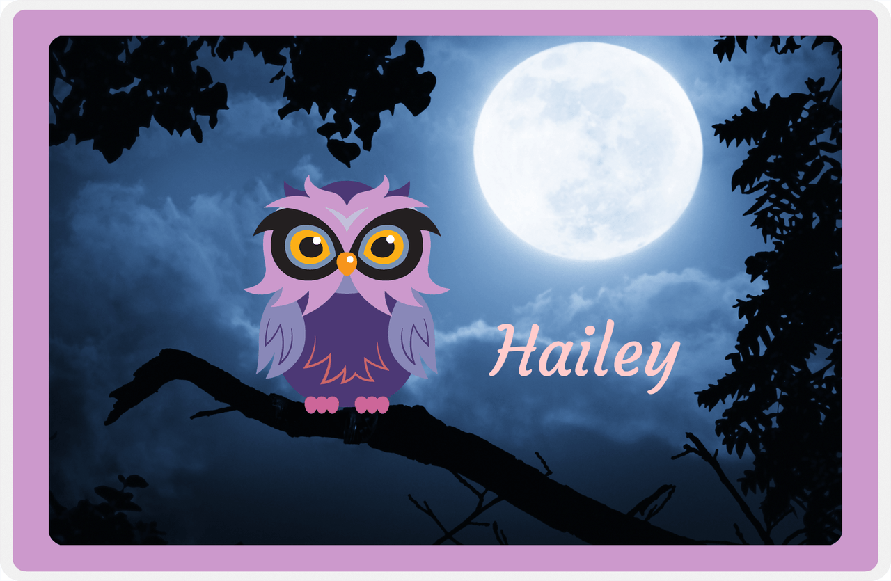 Personalized Owl Placemat - Moon - Owl 05 - Lilac Border with Indigo Owl -  View