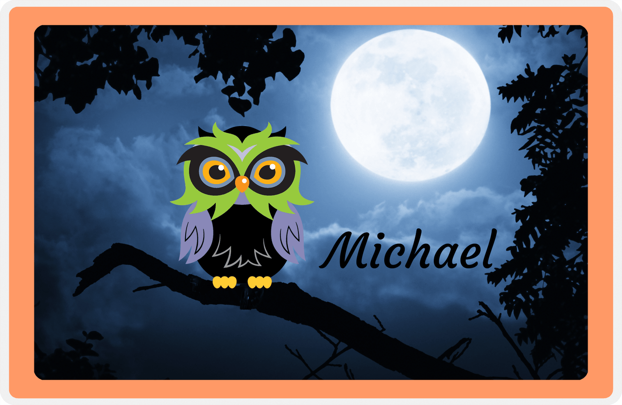 Personalized Owl Placemat - Moon - Owl 05 - Tangerine Border with Black Owl -  View