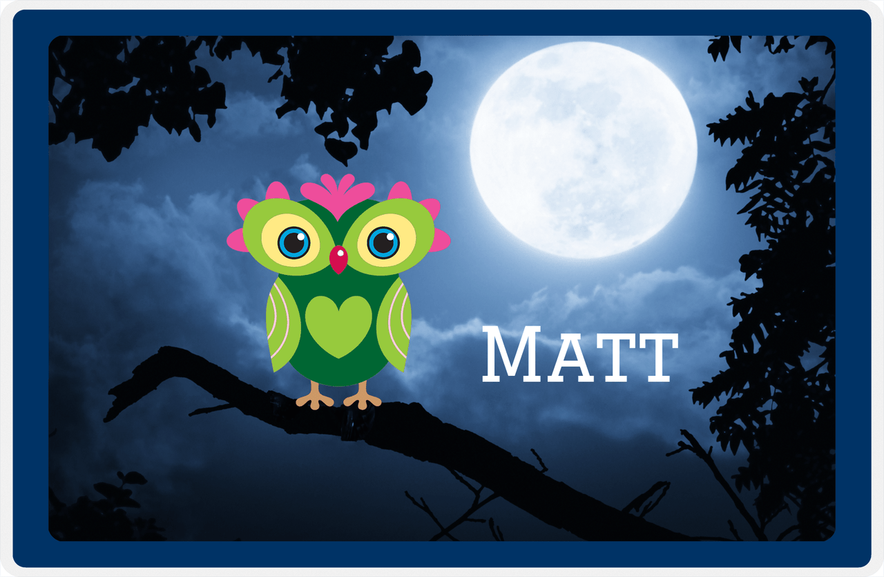 Personalized Owl Placemat - Moon - Owl 07 - Navy Border with Green Owl -  View