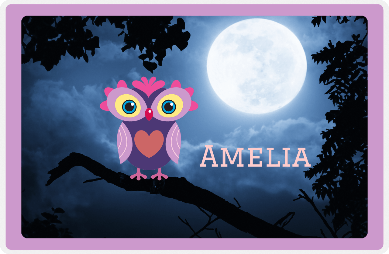 Personalized Owl Placemat - Moon - Owl 07 - Lilac Border with Indigo Owl -  View