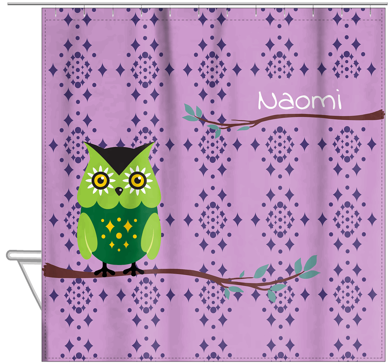 Personalized Owl Shower Curtain I - Owl 08 - Pink Background - Hanging View