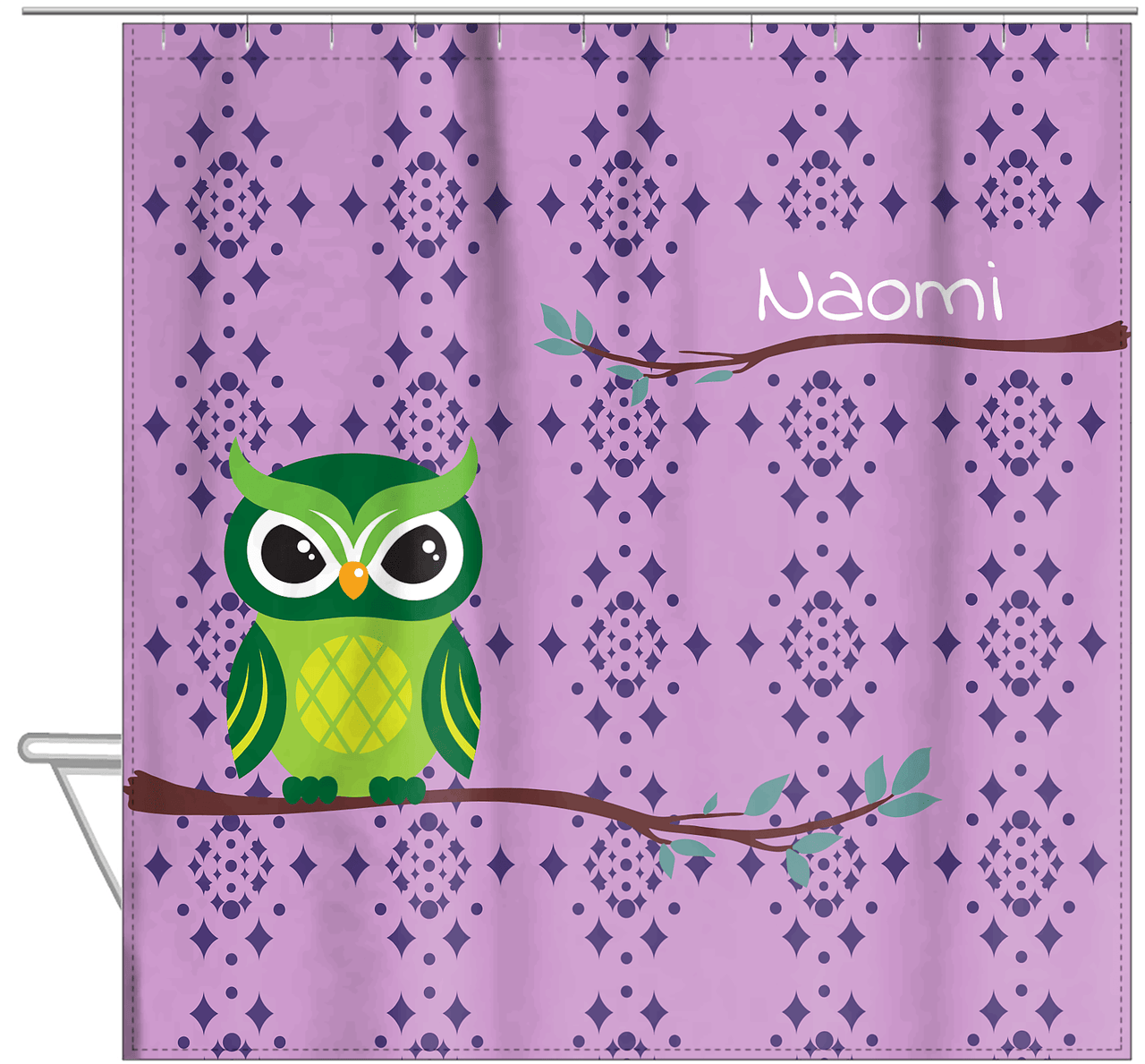 Personalized Owl Shower Curtain I - Owl 03 - Pink Background - Hanging View
