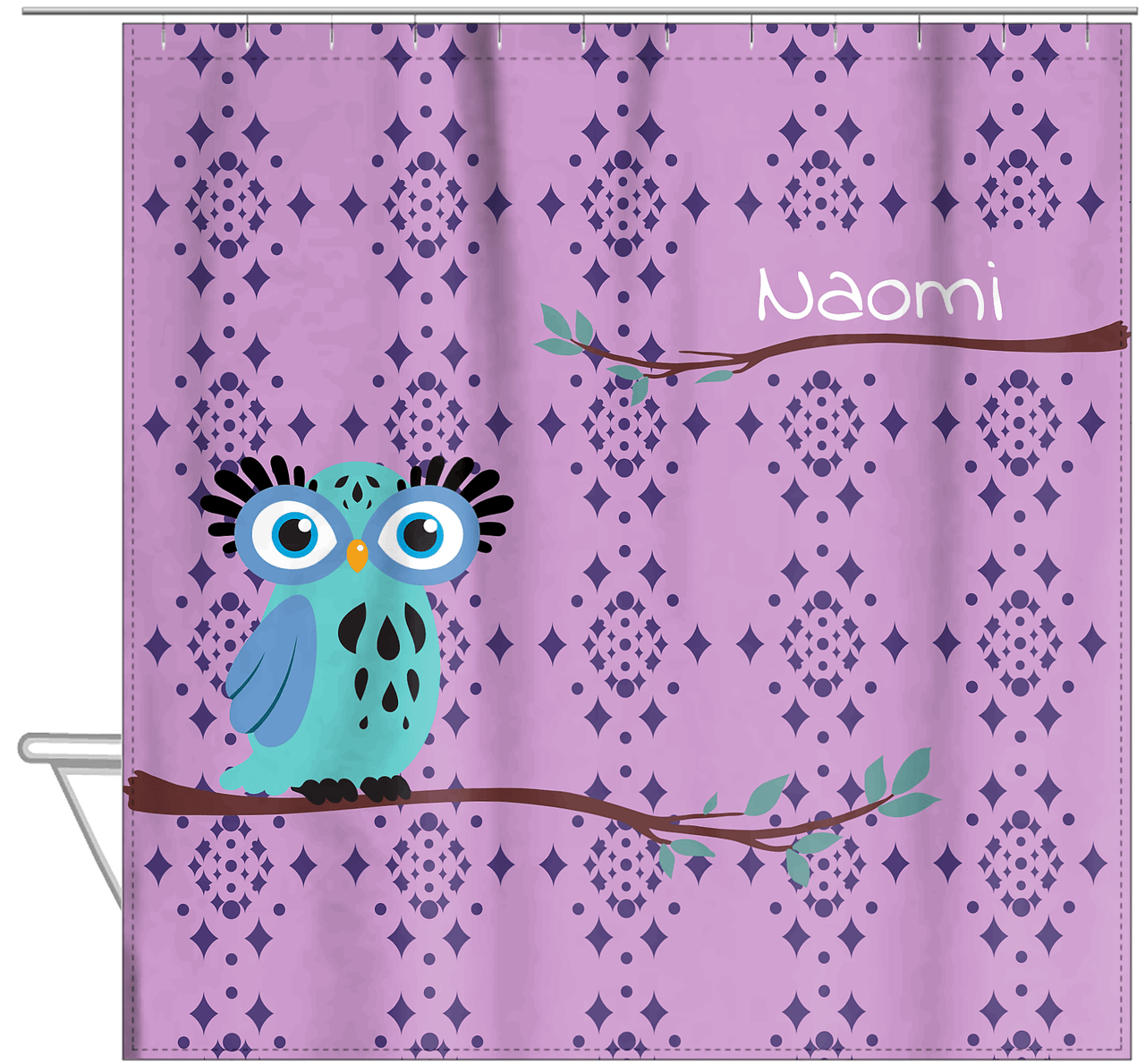 Personalized Owl Shower Curtain I - Owl 10 - Pink Background - Hanging View