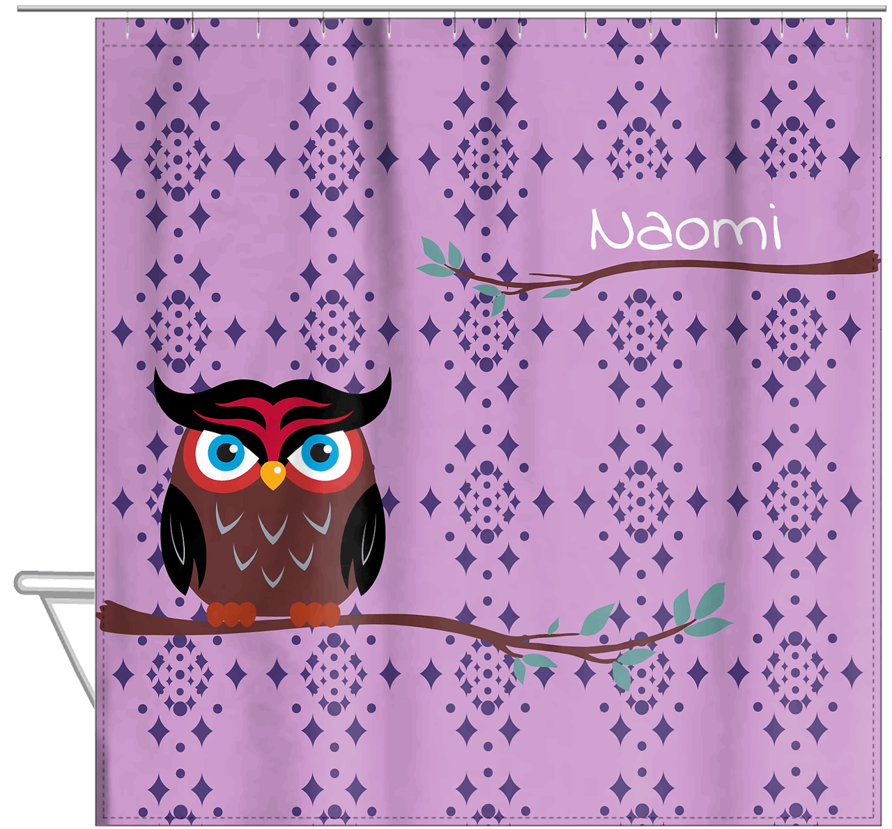 Personalized Owl Shower Curtain I - Owl 02 - Pink Background - Hanging View