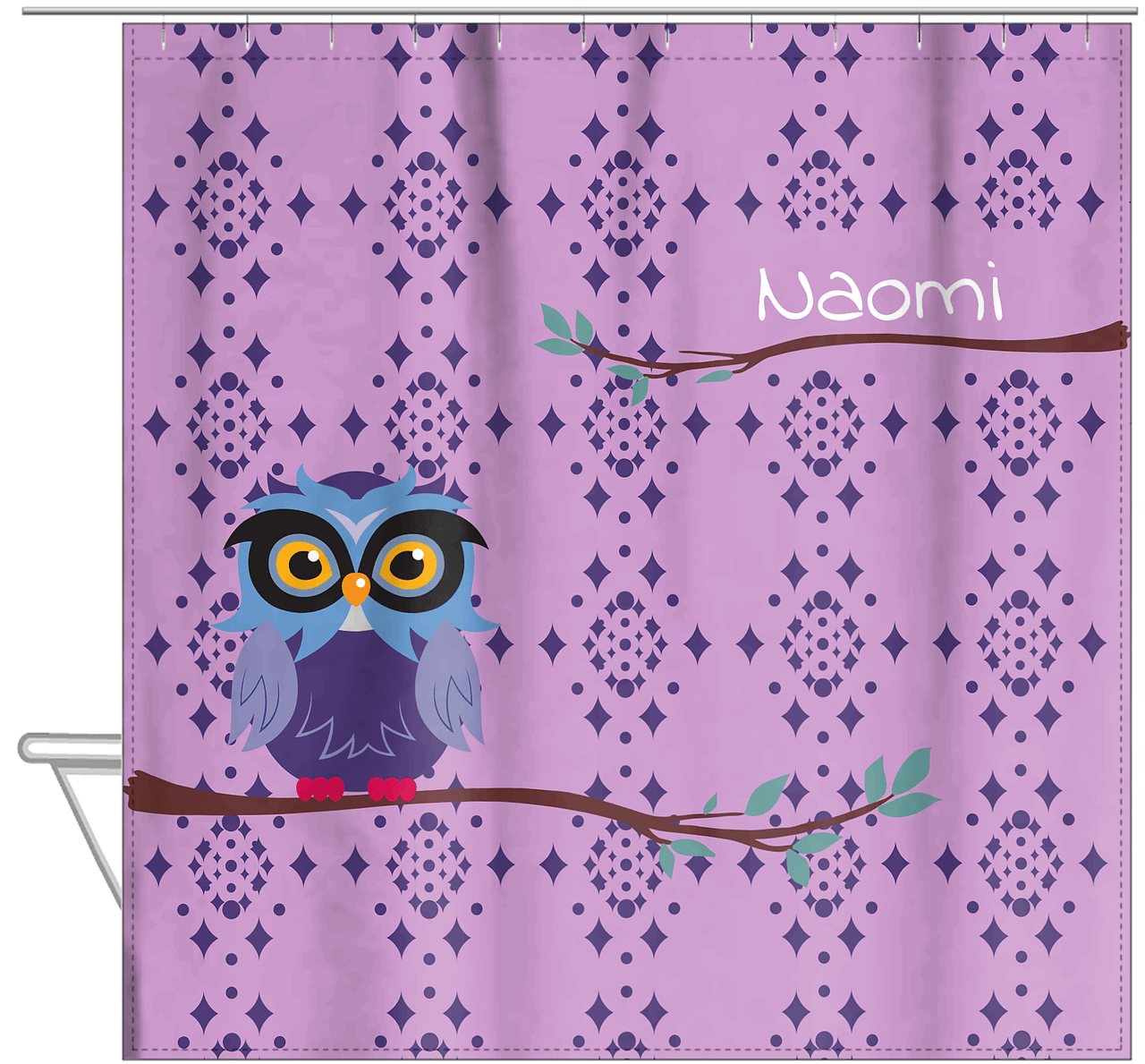 Personalized Owl Shower Curtain I - Owl 05 - Pink Background - Hanging View