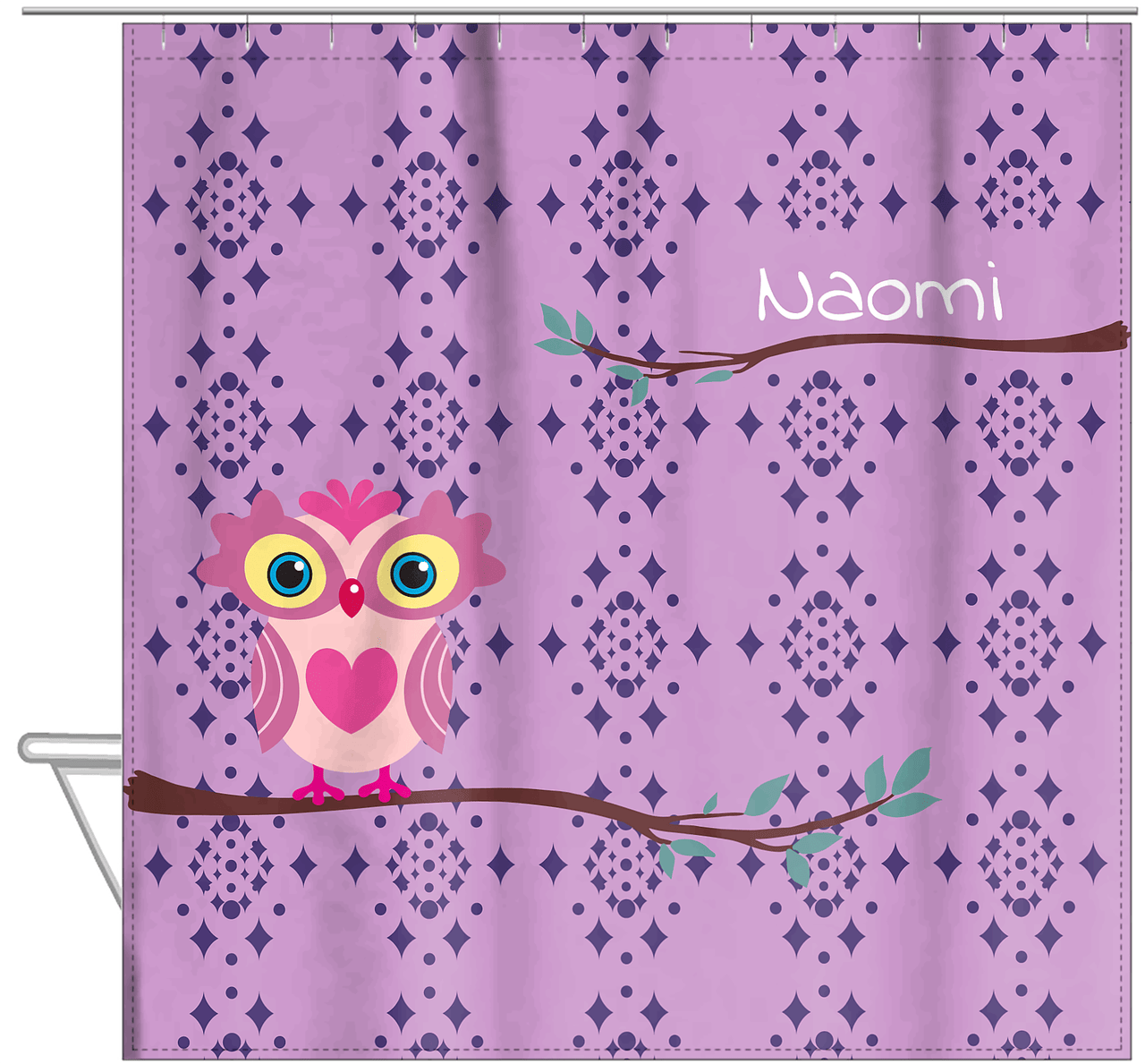 Personalized Owl Shower Curtain I - Owl 07 - Pink Background - Hanging View