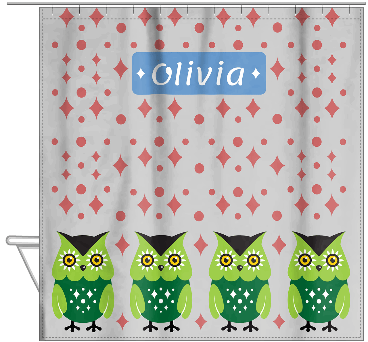 Personalized Owl Shower Curtain II - Owl 08 - Grey Background - Hanging View