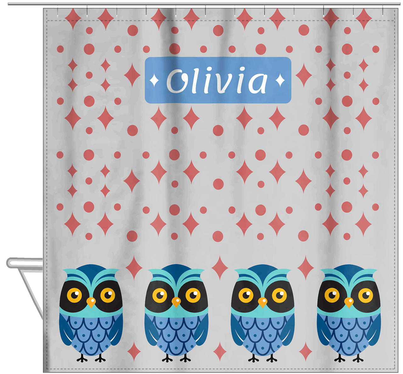 Personalized Owl Shower Curtain II - Owl 04 - Grey Background - Hanging View